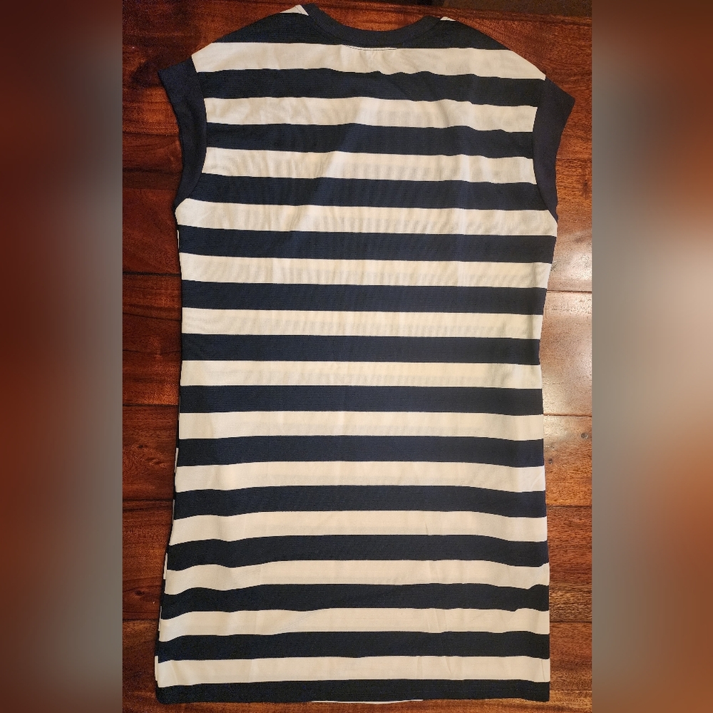 Crewneck A Line Navy & White Striped Summer T-shirt Dress Mini W Pockets NWOT - Picture 6 of 12